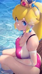  1girl ass blonde_hair blue_eyes breasts cleavage competition_swimsuit crown earrings elbow_gloves from_above gloves highres jewelry kashu_(hizake) lens_flare long_hair looking_at_viewer mario_(series) medium_breasts nintendo one-piece_swimsuit ponytail princess_peach sitting solo strap_gap swimsuit water  rating:Sensitive score:361 user:danbooru