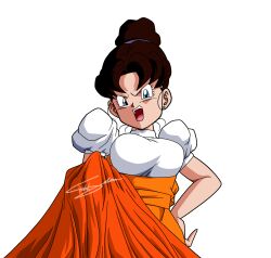  1girl blue_eyes breasts brown_hair dragon_ball dragonball_z dress earrings highres jewelry looking_at_viewer maid medium_breasts open_mouth serious teejeedbart  rating:General score:5 user:Dr.OppaiXL