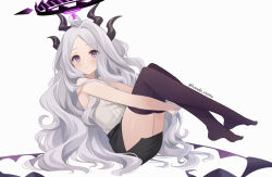  1girl bare_arms black_skirt blue_archive center_frills closed_mouth collared_shirt commentary demon_horns demon_wings feet_up forehead frills from_side grey_hair halo hina_(blue_archive) horns ichinose_(sorario) knees_up legs light_blush long_hair looking_at_viewer miniskirt no_shoes parted_bangs pencil_skirt purple_eyes purple_thighhighs shirt simple_background skirt sleeveless sleeveless_shirt solo thighhighs twitter_username very_long_hair wavy_hair white_background white_shirt wings 