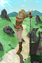  1girl axe blonde_hair boots female_focus final_fantasy final_fantasy_tactics full_body geomancer_(fft) highres long_hair nature outdoors plant red_eyes road sky solo trick_(pixiv91098) weapon 