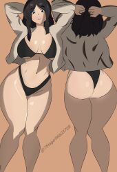  1girl arms_behind_head ass ass_focus bad_hands bad_tag bikini black_eyes black_hair breasts female_focus from_behind large_breasts looking_at_viewer multiple_views open_clothes pieck_finger shingeki_no_kyojin solo swimsuit tfa tfa_(artist) wide_hips 
