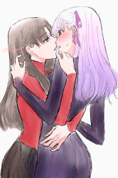  2girls absurdres blue_eyes blush bodysuit brown_hair commentary_request dark_sakura dark_skin eye_contact fate/stay_night fate_(series) gradient_hair hair_ribbon hand_on_another&#039;s_shoulder hand_on_another&#039;s_waist highres imminent_kiss incest long_sleeves looking_at_another matou_sakura multicolored_hair multiple_girls purple_bodysuit purple_hair purple_ribbon red_eyes red_shirt ribbon shirt siblings simple_background sisters sweat tohsaka_rin twitter_username white_background yuri yuri_kyanon 