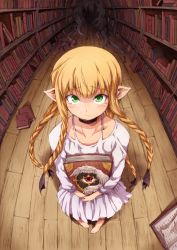  1girl aged_down bad_id bad_pixiv_id barefoot blonde_hair blouse book braid death_(entity) dress dungeon_meshi elf fisheye green_eyes highres indoors library long_hair looking_at_viewer marcille_donato multiple_braids pointy_ears rei_oe shirt solo tearing_up tentacles white_dress white_shirt wooden_floor 