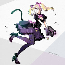 1girl animal_ears ankle_ribbon argyle argyle_clothes argyle_legwear beads black_cat_d.va black_dress black_eyes black_footwear black_gloves blonde_hair bodice bow breasts cat_ears cat_tail charm_(object) cleavage d.va_(overwatch) dated dress earrings finger_on_trigger frilled_skirt frills full_body gloves grey_background grin gun hair_bow handgun heart heart_earrings high_heels holding holding_gun holding_weapon jewelry leg_ribbon looking_back meco medium_breasts official_alternate_costume overwatch overwatch_1 pantyhose pink_bow pistol puffy_short_sleeves puffy_sleeves purple_pantyhose ribbon running short_sleeves simple_background sketch skirt smile solo tail twintails weapon white_background rating:Sensitive score:13 user:danbooru