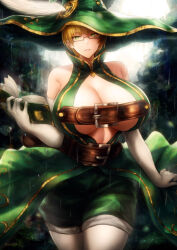  arai29 belt blonde_hair book breasts brown_belt center_opening cleavage_cutout clothing_cutout dress glasses gloves green_dress green_eyes green_shorts hat highres holding holding_book huge_breasts large_belt multiple_belts original short_hair shorts thighhighs white_gloves white_thighhighs witch_hat 