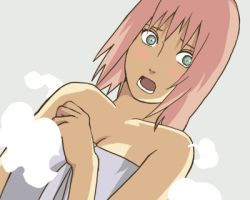  1girl artist_request bare_shoulders blush green_eyes haruno_sakura looking_to_the_side lowres naked_towel naruto naruto_(series) open_mouth pink_hair short_hair solo steam towel upper_body  rating:Questionable score:27 user:Fontve