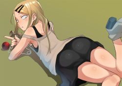 10s 1girl ass bad_id bad_twitter_id bare_shoulders blonde_hair brown_background dagashi_kashi earrings endou_saya flat_chest green_background hair_ornament hairclip high_heels jewelry kendama long_hair looking_at_viewer looking_back nuezou parted_lips sanpaku simple_background skirt solo strap_slip thighs rating:Sensitive score:90 user:danbooru