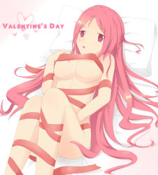  1girl :o bed blush breasts collarbone highres knees_up long_hair looking_at_viewer lucia lying naked_ribbon nipples nude open_mouth pangya parted_lips pink_eyes pink_hair red_eyes red_ribbon ribbon solo tareme text_focus valentine very_long_hair  rating:Questionable score:12 user:danbooru