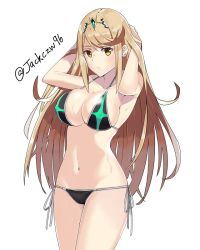  1girl bare_shoulders bikini black_bikini blonde_hair breasts cleavage commentary commission front-tie_bikini_top front-tie_top j@ck large_breasts long_hair looking_at_viewer mythra_(xenoblade) navel nintendo solo swimsuit tiara very_long_hair wristband xenoblade_chronicles_(series) xenoblade_chronicles_2 yellow_eyes  rating:Questionable score:46 user:darkmetaknight9