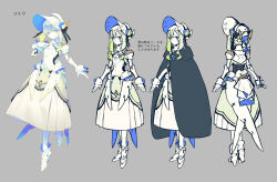  black_cape blonde_hair cape character_sheet doll_joints dress from_behind gloves gradient_hair grey_background hat highres joints kotori_(mountain_of_heaven) miitarou multicolored_hair multiple_views pixiv_fantasia pixiv_fantasia_mountain_of_heaven standing white_dress white_gloves white_hat 