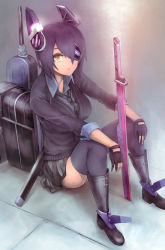  10s 1girl boots breasts eyepatch fingerless_gloves gloves headgear kantai_collection large_breasts looking_at_viewer looking_up mecha_musume necktie personification planted_sword planted purple_hair scabbard school_uniform sgk sheath short_hair sitting skirt solo sword tenryuu_(kancolle) thighhighs weapon yellow_eyes  rating:Sensitive score:15 user:danbooru