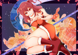  1girl absurdres boots breasts christmas commentary_request full_body fur_trim hair_bobbles hair_ornament high_heel_boots high_heels highres holding holding_scythe kuropakuro looking_at_viewer medium_hair onozuka_komachi red_eyes red_footwear red_hair santa_boots santa_costume scythe smile solo touhou twitter_username two_side_up 