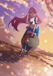  1girl absurdres ayla_(punishing:_gray_raven) blue_skirt breasts chromatic_aberration cleavage cloud full_body hat highres holding holding_clothes holding_hat large_breasts long_hair looking_at_viewer pink_eyes pink_hair playing_with_own_hair punishing:_gray_raven puyuyan shirt sidelocks skirt sky solo straw_hat stuffed_animal stuffed_octopus stuffed_toy white_shirt 
