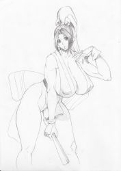  1girl bonten breasts curvy fatal_fury female_focus highres huge_breasts japanese_clothes the_king_of_fighters long_hair looking_at_viewer monochrome no_bra ponytail shiranui_mai sideboob simple_background solo standing thong traditional_media  rating:Sensitive score:26 user:fakyuh