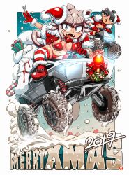  1boy 1girl 2019 all-terrain_vehicle bag bare_pectorals bell bikini black_hair blush boots bow candy candy_cane christmas collar food fur-trimmed_boots fur-trimmed_gloves fur-trimmed_headwear fur_trim gift gloves glowing grey_eyes grey_hair hat highres jacket looking_at_viewer merry_christmas midriff motor_vehicle navel open_mouth original parted_bangs pectorals pickup_truck red_bikini red_bow red_collar red_footwear red_gloves red_hat red_jacket san_mamiya sanpaku santa_hat smile steering_wheel striped_clothes striped_thighhighs swimsuit tesla_(company) tesla_cyberquad tesla_cybertruck thick_eyebrows thighhighs third_eye truck v-shaped_eyebrows vehicle_focus wreath 