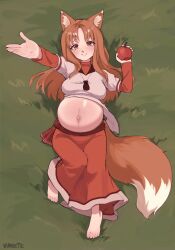  1girl animal_ears apple artist_name barefoot blush breasts closed_mouth female_focus food fruit full_body grass highres holo long_skirt lying medium_breasts midriff navel on_back pregnant reaching reaching_towards_viewer red_eyes red_hair signature skirt smile solo spice_and_wolf tail vanabette wolf_ears wolf_girl wolf_tail  rating:General score:36 user:Oppai_chan