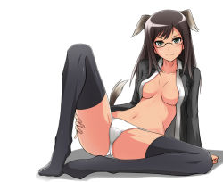  1girl animal_ears bad_id bad_pixiv_id bespectacled black_hair black_thighhighs federica_n._doglio glasses green_eyes long_hair no_bra open_clothes open_shirt panties shirt sitting smile solo strike_witches strike_witches:_kurenai_no_majo-tachi tail thighhighs ulrich_(tagaragakuin) underwear world_witches_series  rating:Questionable score:44 user:danbooru