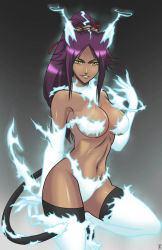  1girl artist_request aura black_thighhighs bleach breasts claws electricity energy glowing hair_ribbon lightning looking_at_viewer medium_breasts ponytail powers purple_hair ribbon shihouin_yoruichi super_power tagme thighhighs watermark yellow_eyes 