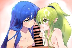  1boy 2girls after_fellatio age_difference blue_hair blunt_bangs breasts breath caeda_(fire_emblem) censored completely_nude cum cum_on_hair facial fire_emblem fire_emblem:_mystery_of_the_emblem fire_emblem:_shadow_dragon green_eyes green_hair group_sex guranootu hair_tie hetero loli long_hair lying_on_person matching_hair/eyes multiple_girls nintendo nipples nude oral penis pointy_ears ponytail pov pov_crotch precum sidelocks small_breasts threesome tiki_(fire_emblem) tiki_(young)_(fire_emblem) tongue tongue_out upper_body  rating:Explicit score:82 user:S.A.K.I77
