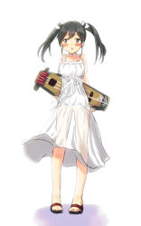  1girl alternate_costume arms_behind_back black_eyes black_hair blush carrying choker dress engiyoshi flight_deck full_body hair_ornament hair_ribbon highres kantai_collection no_panties open_mouth revision ribbon sandals see-through simple_background solo standing twintails white_background white_dress wtsstadamit zuikaku_(kancolle) 