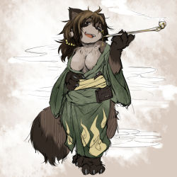  1girl animal_ears bad_id bad_pixiv_id breasts furry furry_female holding holding_smoking_pipe koishi_chikasa monocle open_mouth original smoking_pipe smile solo tail  rating:Questionable score:17 user:danbooru