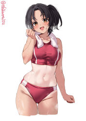  1girl artist_name bare_shoulders black_hair blush breasts buruma collarbone cropped_legs curtained_hair ebifurya gluteal_fold hand_up highres kantai_collection medium_breasts medium_hair nagara_(kancolle) navel one-hour_drawing_challenge one_side_up open_mouth parted_bangs red_buruma red_sports_bra sidelocks simple_background smile solo sports_bra steaming_body sweat tan tanline thighs towel towel_around_neck twitter_username two-tone_buruma white_background white_buruma 
