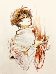  1boy blood blood_on_clothes blood_on_face brown_eyes brown_hair capelet colored_pencil_(medium) commentary_request fire highres jabuchi_you long_sleeves male_focus s-sullivan saibou_shinkyoku shirt short_hair simple_background solo traditional_media upper_body white_background white_capelet white_shirt 