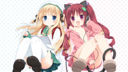  2girls :&lt; :d ahoge animal_ears backpack bag bandaid bandaid_on_knee bandaid_on_leg beret blonde_hair blue_eyes blush bow cat_ears cat_tail covering_privates covering_crotch drill_hair fake_animal_ears fang flat_chest frown hair_bow hair_ornament hair_ribbon hat hazuki_watora headphones highres hood hoodie kani_biimu long_hair long_sleeves multiple_girls naked_hoodie off_shoulder open_clothes open_mouth original pleated_skirt polka_dot polka_dot_background purple_eyes randoseru red_hair ribbon sandals school_uniform serafuku shimotsuki_potofu shoes short_twintails sitting skirt sleeves_past_wrists smile stylus tablet tail thighhighs twin_drills twintails two_side_up very_long_hair white_background white_legwear  rating:Questionable score:66 user:BlueBaroness