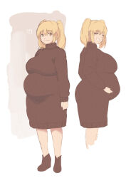  1girl blonde_hair breasts brown_dress brown_footwear dress from_side full_body grin half-closed_eyes hand_on_own_stomach heart highres large_breasts looking_at_viewer medium_hair multiple_views nitroplus open_mouth plump pregnant shibe_(pregnancy) sidelocks smile solo standing super_pochaco sweater sweater_dress turtleneck turtleneck_dress turtleneck_sweater twintails white_background yellow_eyes 
