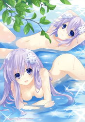  2girls absurdres armpits arms_behind_head blush branch breasts censored censored_nipples choujijigen_game_neptune_re;birth_2 convenient_censoring cowboy_shot day from_side hair_between_eyes hanging_breasts highres leaf leaf_censor loli long_hair looking_at_viewer multiple_girls navel nepgear neptune_(neptunia) neptune_(series) nude official_art open_mouth outdoors parted_bangs plant purple_eyes purple_hair siblings sisters skinny_dipping smile sparkle swimming tsunako water  rating:Questionable score:77 user:danbooru