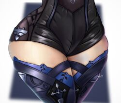  1girl artist_name black_shorts black_thighhighs blurry blurry_background close-up eula_(genshin_impact) genshin_impact highres mux7 shorts skindentation solo thigh_focus thighhighs thighs wide_hips  rating:Sensitive score:9 user:danbooru