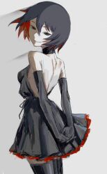  ._(kometto333) 1girl backless_dress backless_outfit black_dress black_eyes black_gloves black_hair black_thighhighs breasts dress elbow_gloves gloves highres looking_at_viewer looking_back monogatari_(series) oshino_ougi owarimonogatari parted_lips short_hair sidelighting sketch small_breasts smile solo thighhighs zettai_ryouiki 