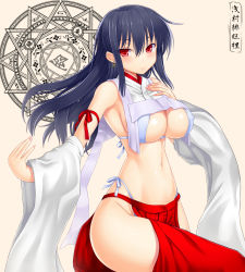  1girl asamura_hiori bare_shoulders black_hair blue_bra bra breasts cleavage covered_erect_nipples detached_sleeves dodecagram highres japanese_clothes large_breasts long_hair looking_at_viewer magic_circle md5_mismatch midriff miko navel original panties red_eyes revealing_clothes side-tie_panties simple_background smile solo underwear white_panties wide_sleeves 