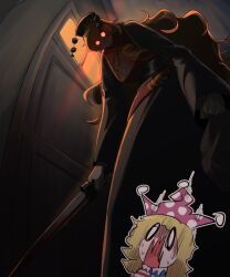  2girls alternate_height american_flag_dress bag blonde_hair breasts clenched_hand clownpiece crescent crescent_print door dress frogsnake glowing glowing_eyes hat holding holding_sword holding_weapon horror_(theme) hunched_over indoors jester_cap junko_(touhou) leaning_forward long_dress long_hair long_sleeves multiple_girls neck_ruff o_o open_mouth orange_eyes orange_hair phoenix_print polka_dot pom_pom_(clothes) scared size_difference standing sword tall tall_female touhou very_long_hair weapon wide_sleeves 