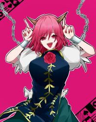  1girl 2dio9gwjal28761 absurdres akatsuki_records breasts cardigan chain commentary cuffs english_commentary fangs fingernails green_skirt highres horns ibaraki_douji&#039;s_arm index_finger_raised large_breasts long_fingernails open_mouth pink_background pink_cardigan red_nails shackles shirt short_sleeves simple_background skirt solo tabard tongue tongue_out touhou white_shirt 
