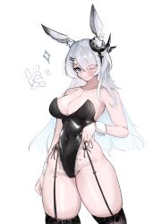  1girl absurdres animal_ears arknights bare_shoulders breasts cameltoe commentary doctor_(arknights) fake_animal_ears frostnova_(arknights) garter_straps grey_eyes highres layton_(sanlayton) leotard playboy_bunny rabbit_ears simple_background sketch solo strapless strapless_leotard thick_thighs thighs white_background wrist_cuffs  rating:Sensitive score:3 user:danbooru