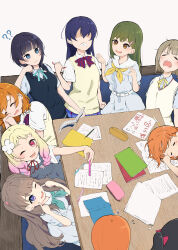 6+girls :3 ;d ? ?? absurdres academic_test ahoge angry aoiao aqua_neckerchief aqua_ribbon asaka_karin black_hair blonde_hair blue_bow blue_bowtie blue_eyes blue_hair blue_skirt blue_sweater_vest blunt_bangs bob_cut book bow bowtie braid breast_pocket broken brown_hair clenched_hands clenched_teeth closed_eyes collared_shirt commentary confused d: dark_blue_hair diagonal-striped_bow diagonal-striped_bowtie diagonal-striped_clothes dress dress_shirt drooling exhausted fingers_to_cheeks flying_sweatdrops fujishima_megumi gradient_hair green_hair grey_dress grey_hair hair_bow hair_ornament hairclip hasu_no_sora_school_uniform head_on_table highres holding holding_book holding_pen holding_phone hoshizora_rin in-franchise_crossover kosaka_honoka link!_like!_love_live! long_hair loose_hair_strand love_live! love_live!_nijigasaki_high_school_idol_club love_live!_school_idol_project love_live!_sunshine!! love_live!_superstar!! medium_hair miniskirt multicolored_hair multiple_girls nakasu_kasumi neck_ribbon neckerchief nijigasaki_school_uniform no_eyes notebook one_eye_closed onitsuka_natsumi oogami_sachi open_book open_hand open_hands open_mouth orange_hair otonokizaka_school_uniform out_of_frame own_hands_together paper pen pencil_case phone pinafore_dress pink_eyes pink_hair plaid plaid_skirt pleated_skirt pocket purple_eyes raised_eyebrow red_bow red_bowtie red_ribbon ribbon sailor_collar school_uniform selfie shaded_face shirt short_hair short_sleeves side_braid sitting skirt sleeping sleeveless sleeveless_dress smile sonoda_umi striped_bow striped_bowtie striped_clothes studying summer_uniform sweatdrop sweater_vest takami_chika teeth test_score textbook trait_connection twin_braids twintails two_side_up white_background white_dress white_sailor_collar white_shirt worried yazawa_nico yellow_neckerchief yellow_ribbon yellow_sweater_vest yuigaoka_school_uniform