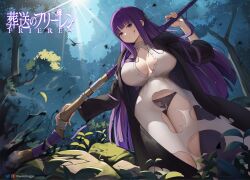  1girl bird black_panties black_robe breasts copyright_name dress falling_leaves fern_(sousou_no_frieren) forest grass greatodoggo highres holding holding_staff large_breasts leaf looking_at_viewer nature panties purple_eyes purple_hair robe rock sky sousou_no_frieren staff torn_clothes torn_dress tree underwear white_dress wide_hips  rating:Sensitive score:33 user:danbooru