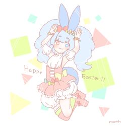  1girl :3 alternate_hair_color animal_ears asymmetrical_footwear baggy_shorts blue_eyes blue_hair blush brown_dust brown_dust_2 dress easter english_text fake_animal_ears fake_tail frilled_dress frilled_socks frills full_body green_socks hair_ribbon happy_easter heterochromia jumping long_hair looking_at_viewer mofumoth pink_dress pink_footwear rabbit_ears rabbit_pose rabbit_tail red_eyes refithea_(brown_dust) ribbon signature simple_background smile socks solo star-shaped_pupils star_(symbol) striped_clothes striped_socks symbol-shaped_pupils tail twintails 