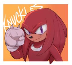 1boy absurdres border character_name clenched_hand furry furry_male gincalico gradient_background hand_up highres knuckles_the_echidna looking_at_viewer orange_background outside_border purple_eyes red_fur solo sonic_(series) upper_body white_border 