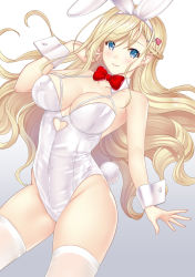  1girl animal_ears blonde_hair blue_eyes bow bowtie braid breasts caution_tape cleavage closed_mouth clothing_cutout cowboy_shot detached_collar fake_animal_ears hair_between_eyes hair_ornament hairclip hataraki_kuma heart_cutout highres keep_out leotard long_hair looking_at_viewer medium_breasts original rabbit_ears rabbit_tail red_bow red_bowtie solo tail thighhighs white_leotard white_thighhighs wrist_cuffs  rating:Sensitive score:16 user:danbooru
