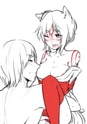  1boy 1girl amaterasu_(ookami) animal_ears blush breast_sucking breasts capcom cleavage couple dante_(devil_may_cry) devil_may_cry_(series) fingering hetero highres licking licking_nipple marvel marvel_vs._capcom marvel_vs._capcom_3 nipple_stimulation nipples ookami_(game) panties personification saliva underwear white_hair  rating:Explicit score:22 user:cat123394