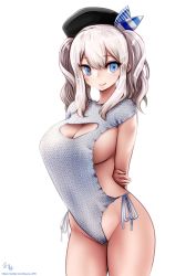 10s 1girl arms_behind_back artist_name beret blue_eyes blush breasts c: cleavage cleavage_cutout closed_mouth clothing_cutout cowboy_shot hat kantai_collection kashima_(kancolle) large_breasts leotard long_hair looking_at_viewer meme_attire ribbed_sweater sideboob signature silver_hair simple_background smile solo souryu standing sweater twintails twitter_username white_background rating:Questionable score:20 user:danbooru