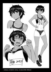  1girl bare_arms bare_shoulders bouncing_breasts breasts character_name cropped_torso facing_viewer greyscale hands_on_own_hips highres kokuryuugan looking_at_viewer midriff monochrome multiple_views one-piece_tan original short_hair short_shorts shorts simple_background socks sportswear standing sweat tan tanline tearing_up tears track_and_field white_background 