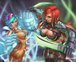  2girls absurdres alternate_costume armband armor ass blue_eyes blue_hair bodysuit breasts cleavage clenched_hands dagger gloves green_eyes grin highres jewelry kaisa katarina_(league_of_legends) knife large_breasts league_of_legends long_hair multiple_girls necklace pauldrons popped_collar red_hair scar short_hair shoulder_armor skin_tight smile spikes sunglasses tattoo thigh_strap vi_(league_of_legends) weapon zipper  rating:Sensitive score:29 user:danbooru