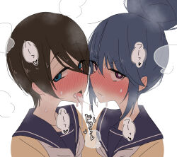  2girls after_fellatio after_kiss ame_(amechan17391739) blue_eyes blue_hair blue_sailor_collar blush brown_hair cardigan closed_mouth collarbone cum cum_in_mouth cum_on_tongue cum_string cum_swap cumdrip embarrassed eyebrows facial from_side hair_between_eyes hair_bun heart highres implied_bisexual looking_at_viewer looking_to_the_side multiple_girls naughty_face neckerchief open_mouth portrait purple_eyes sailor_collar saitou_ena school_uniform serafuku serious shima_rin short_hair sidelocks simple_background single_hair_bun speech_bubble steaming_body sweat tongue tongue_out upper_body white_background white_neckerchief yellow_cardigan yuri yurucamp  rating:Explicit score:81 user:danbooru