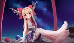  1girl absurdres barefoot blush chain curly_crow feet highres horn_ornament horn_ribbon horns ibuki_suika long_hair looking_at_viewer night night_sky oni orange_hair red_eyes ribbon skirt sky sleeveless smile soles solo toes touhou 