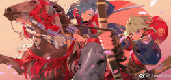 2boys arrow_(projectile) asymmetrical_hair blonde_hair blue_eyes blue_hair bow_(weapon) chenalii cherry_blossoms chinese_commentary commentary_request drawing_bow family_crest galo_thymos headband highres holding holding_bow_(weapon) holding_weapon horse japanese_clothes lio_fotia male_focus mitsuba_aoi_(tokugawa_mon) multiple_boys promare purple_eyes sidecut spiked_hair undercut watermark weapon weibo_logo weibo_watermark