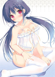 1girl :o babydoll bad_id bad_pixiv_id black_hair blush bracelet breasts cleavage cropped frills front-tie_top gradient_background hair_ornament jewelry lingerie long_hair looking_at_viewer low_twintails medium_breasts open_mouth original pan_(mimi) panties parted_lips red_eyes see-through shiny_skin side-tie_panties simple_background sitting solo thighhighs twintails underwear very_long_hair white_panties white_thighhighs x_hair_ornament yokozuwari rating:Questionable score:35 user:danbooru