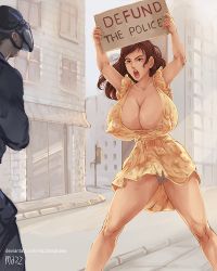  1boy 1girl angry large_areolae breasts brown_eyes brown_hair censored cleavage dress huge_breasts huge_nipples long_nipples mazzlesdraws nipples no_bra open_mouth original pointy_nipples police police_uniform policeman political politics protest puffy_areolae puffy_nipples standing uniform upskirt  rating:Sensitive score:10 user:natwoods